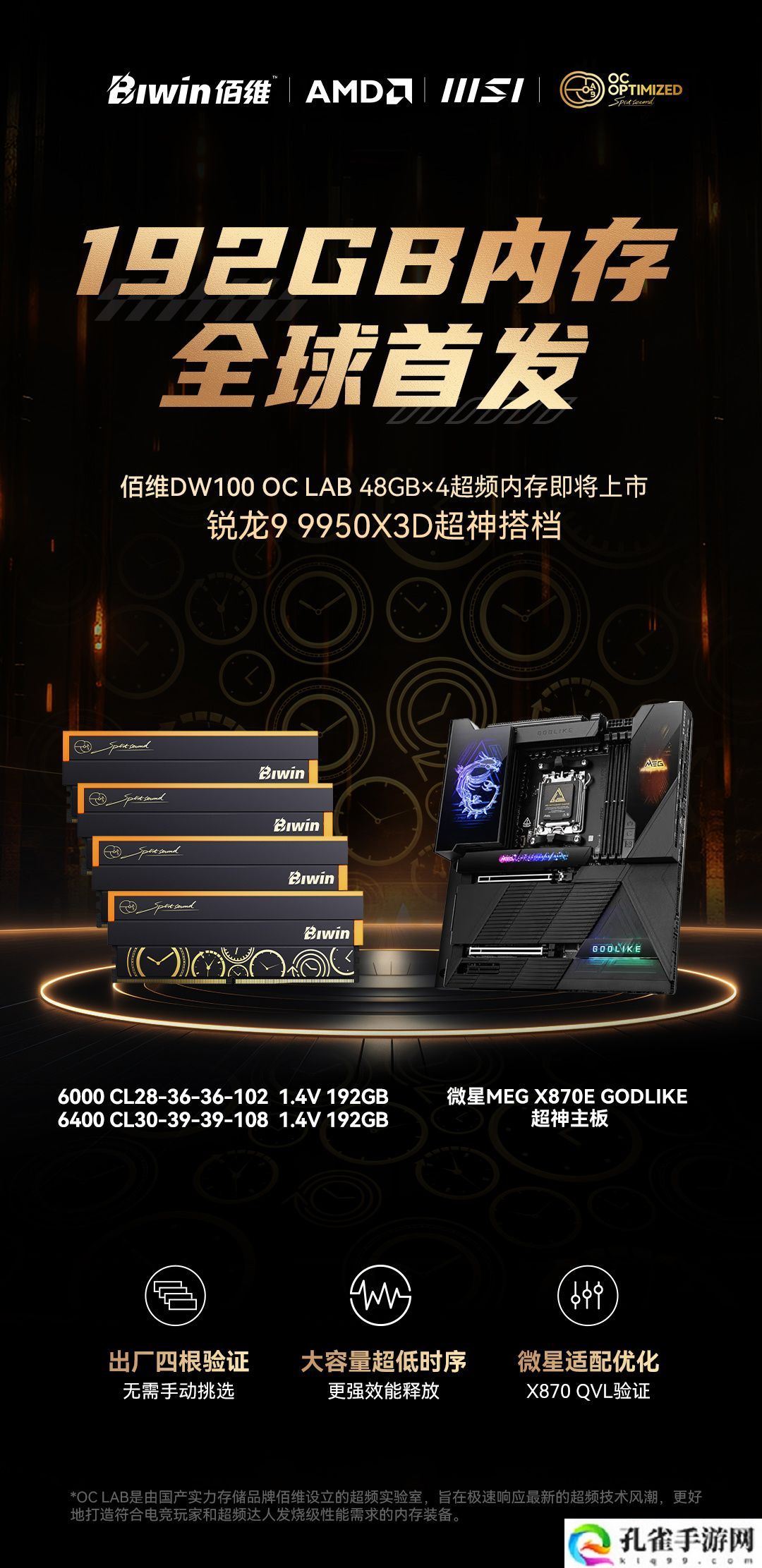 佰维全球首发 192GB（48&amp;#215;4）DDR5 6000 CL28 RGB 内存套装：AMD R9 9950X3D 搭档，5699 元