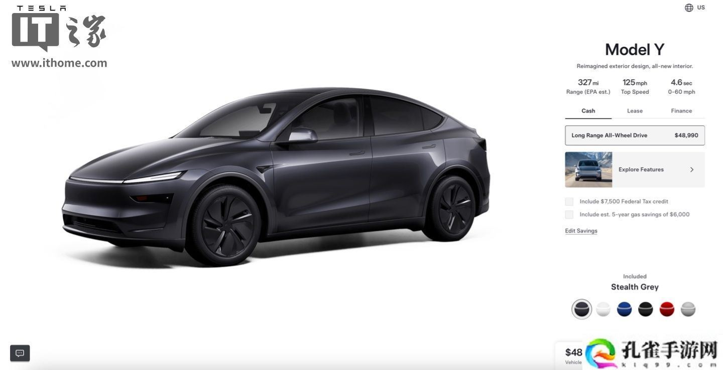 特斯拉在美国市场推出焕新款 Model Y 长续航全轮驱动版本，定价 48990 美元